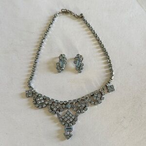 Vintage Elegant Silver Necklace and Earring Set blue rhinestone